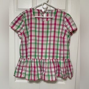 Crown & Ivy Peplum Plaid Top in Pink and Green